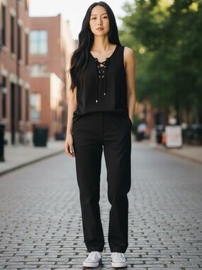 INC International Concepts Black Lace-Up Sleeveless Tank